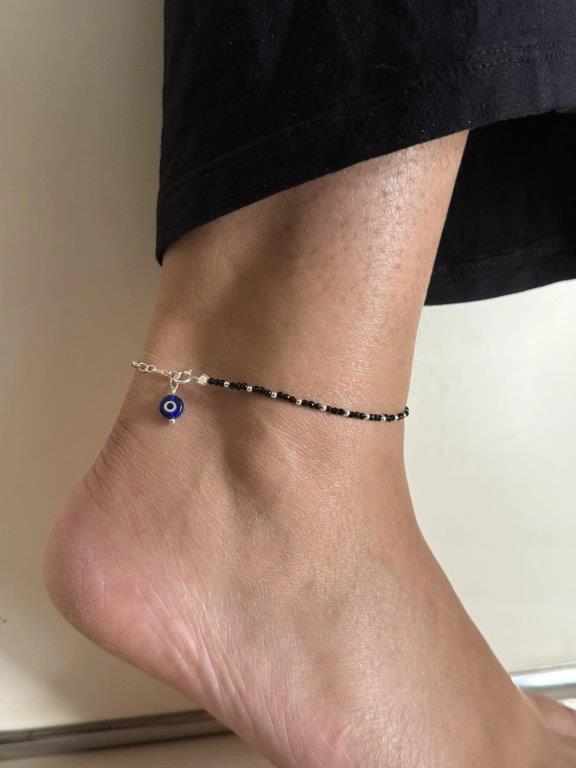 Silver and blackbeads, evil eye anklet
