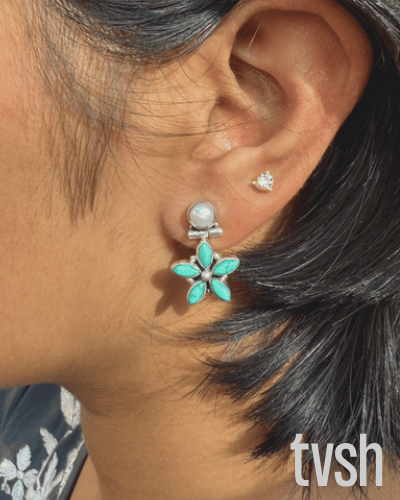 Pearl Stud with Turquoise Flower Hanging