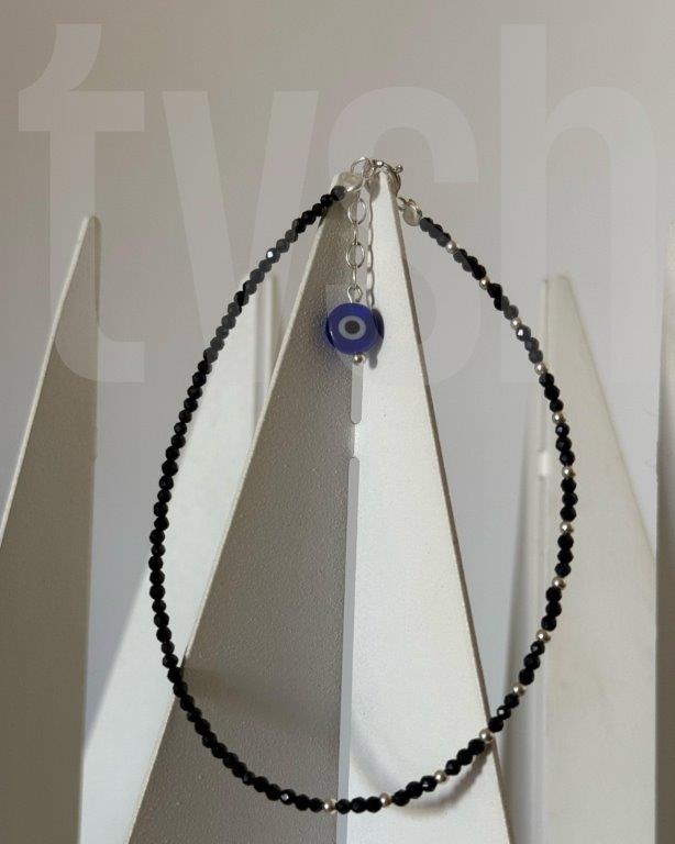 Silver and blackbeads, evil eye anklet