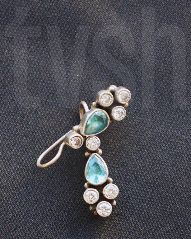 Silver hook and lock with blue semiprecious stone and zirconia