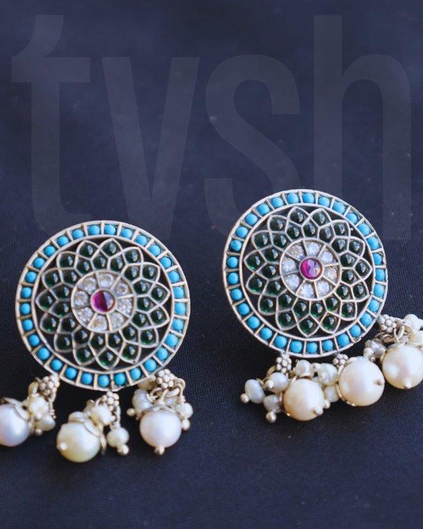 Circular Earring Studded with semiprecious stones and pearls