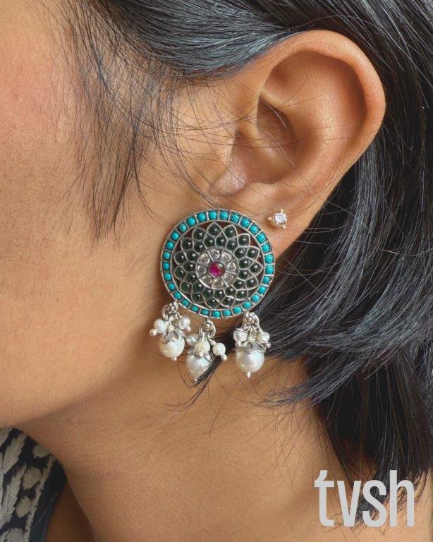 Circular Earring Studded with semiprecious stones and pearls