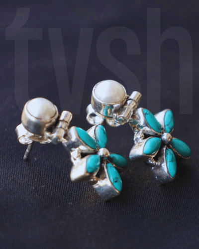 Pearl Stud with Turquoise Flower Hanging
