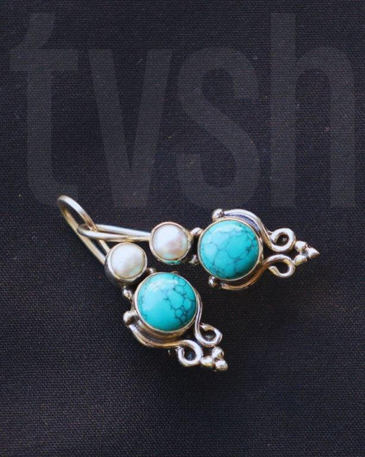 Silver hook and lock with pearl and turquoise