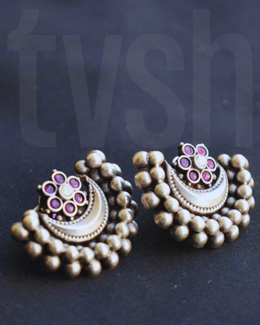 Half moon stud with semiprecious stones