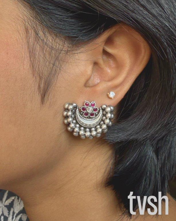 Half moon stud with semiprecious stones