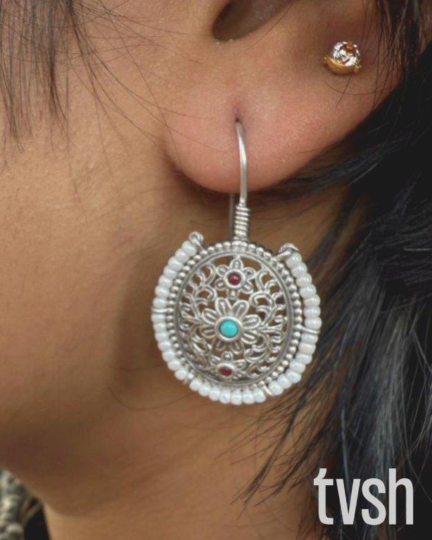 Circular Hook Earrings with Semiprecious Stones and Pearls
